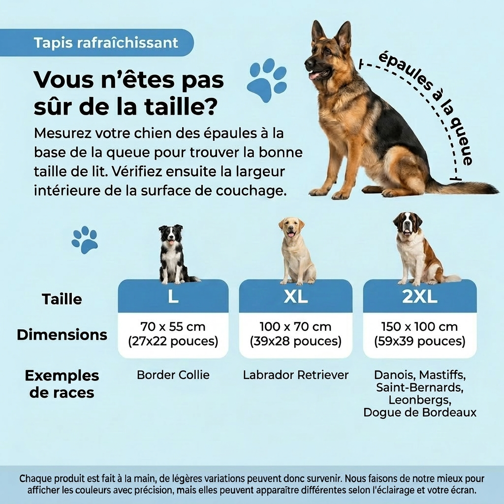 Guide des tailles du tapis rafraîchissant NyvaCool selon la race et la grandeur du chien